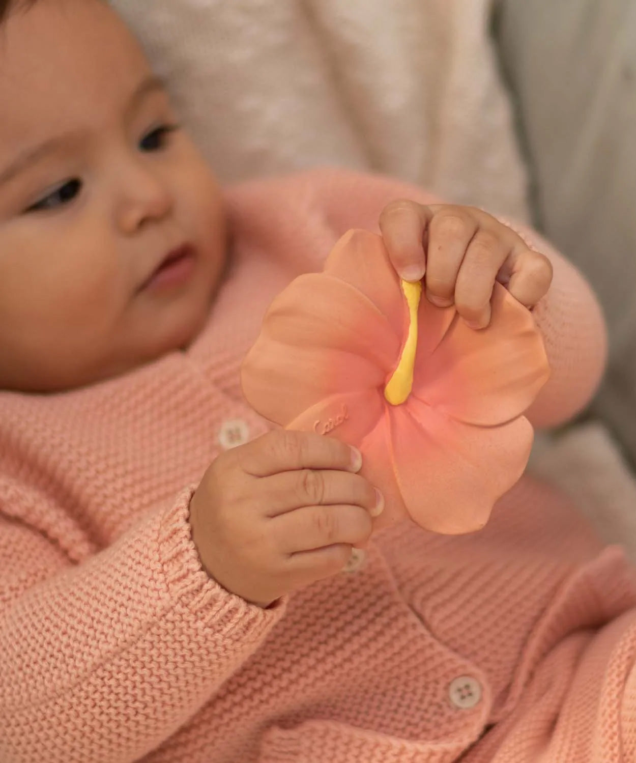 A baby holding onto the Oli & Carol Iris The Hibiscus Baby Teether