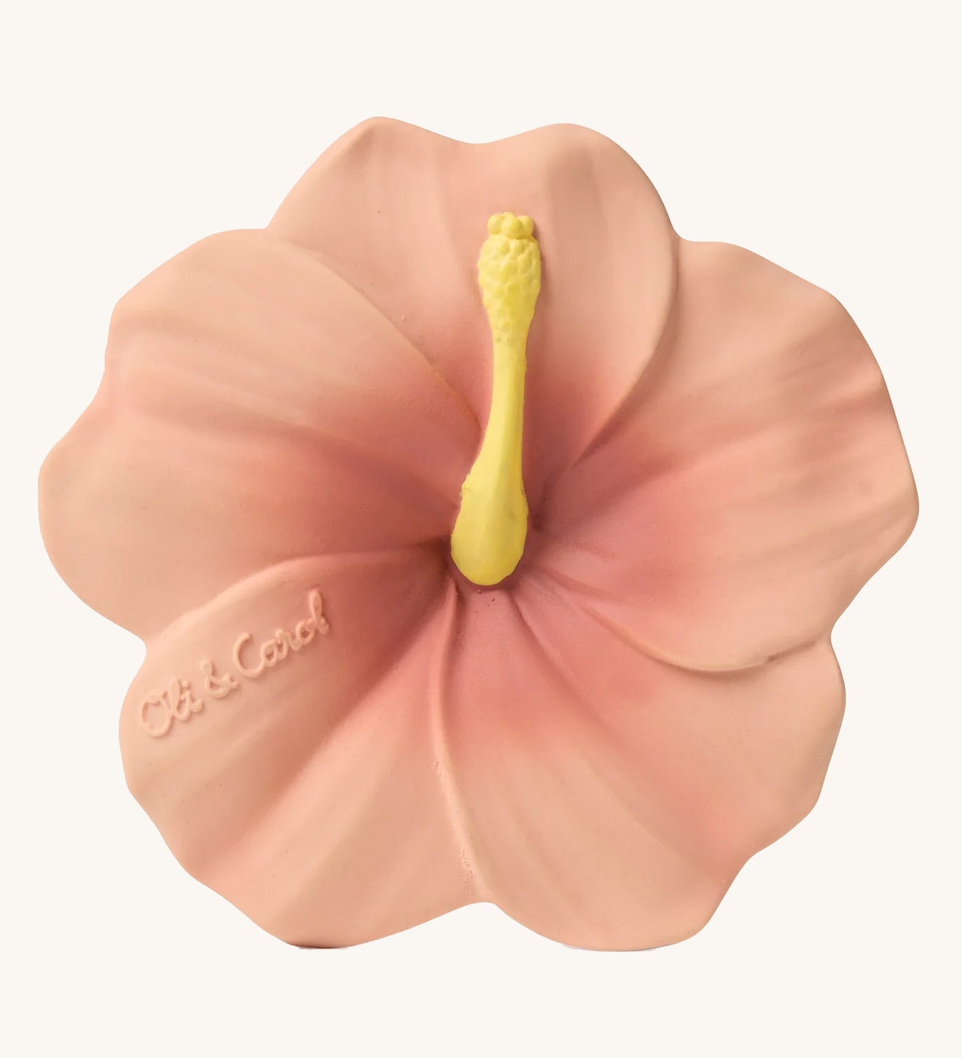 Oli & Carol Iris The Hibiscus Baby Teether - a pink flower with yellow details.