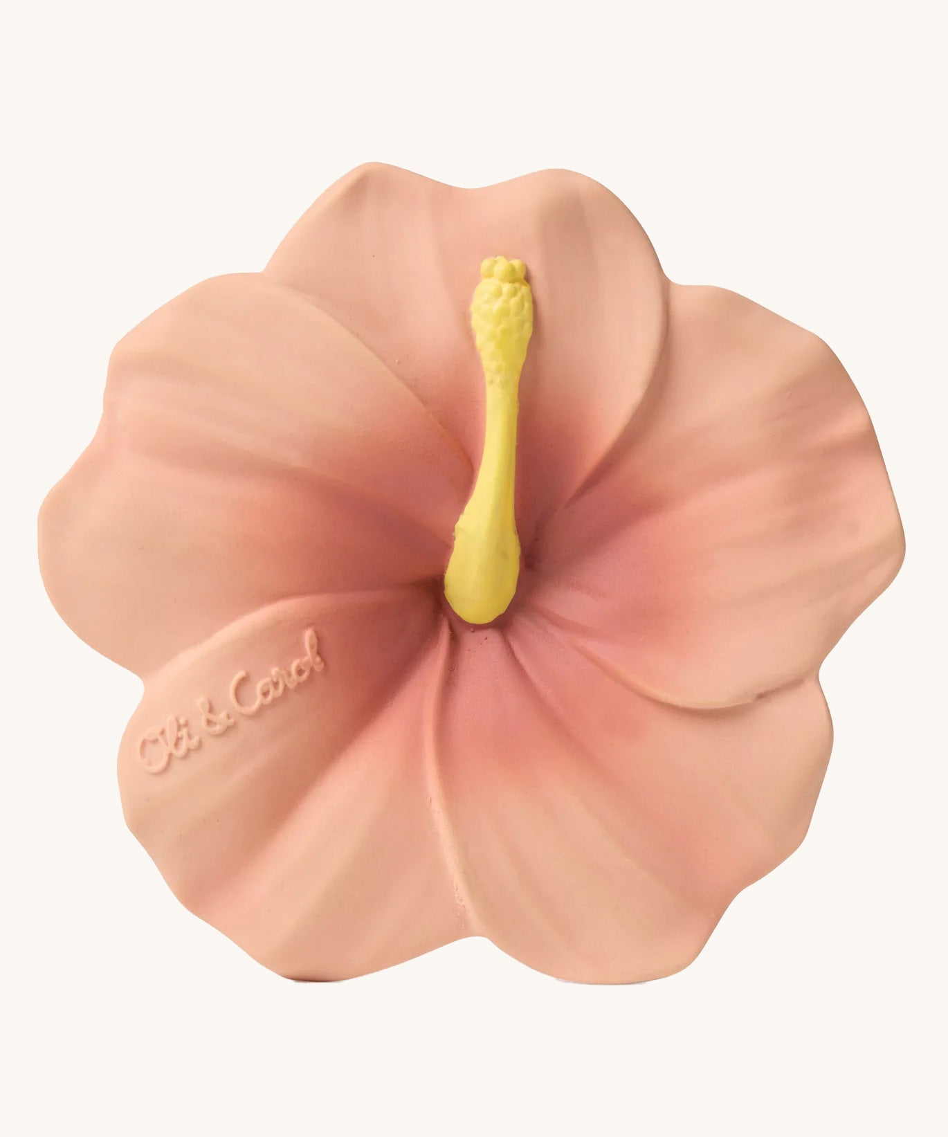 Oli & Carol Iris The Hibiscus Baby Teether - a pink flower with yellow details.