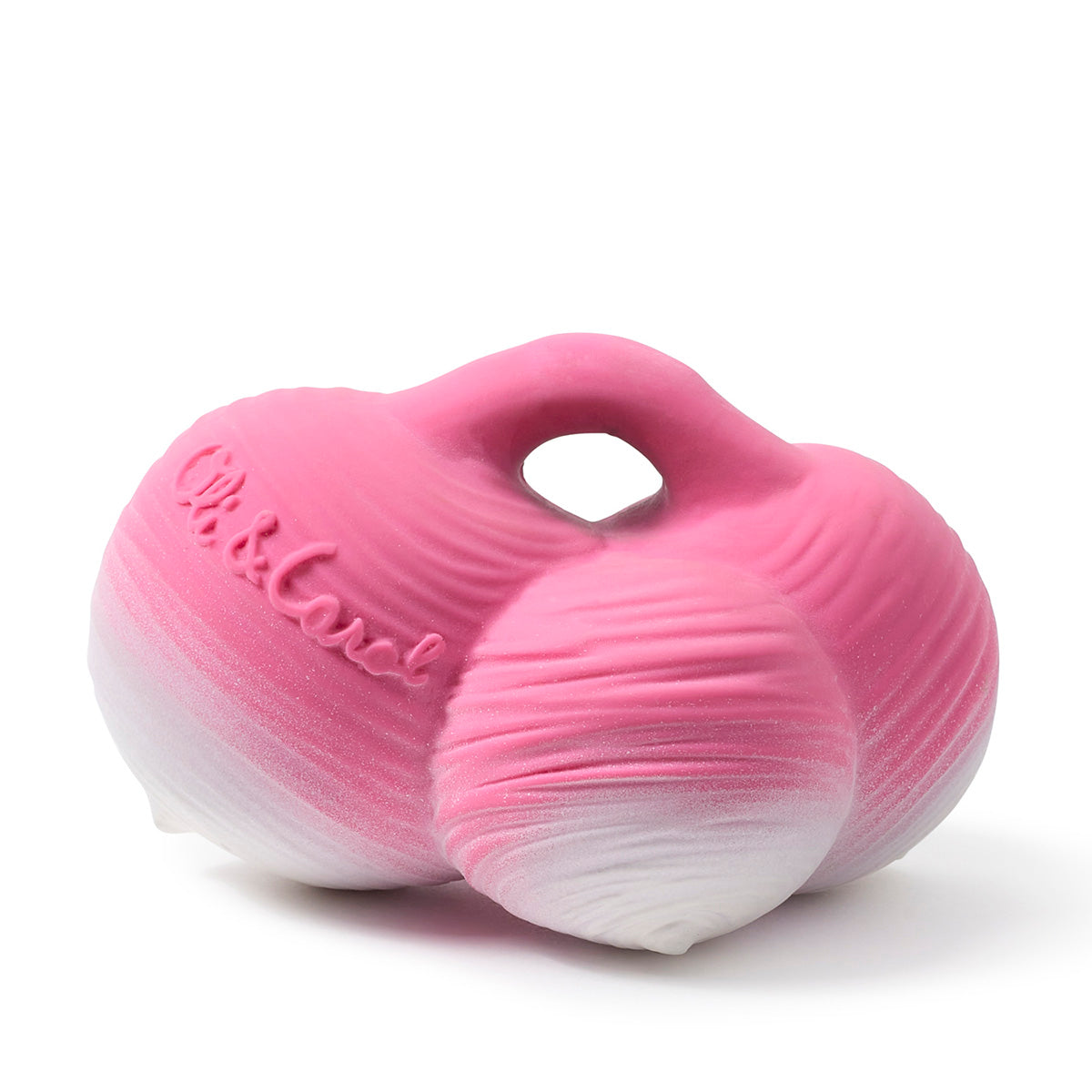 Close up of the Oli & Carol radish doudou baby teething toy on a white background