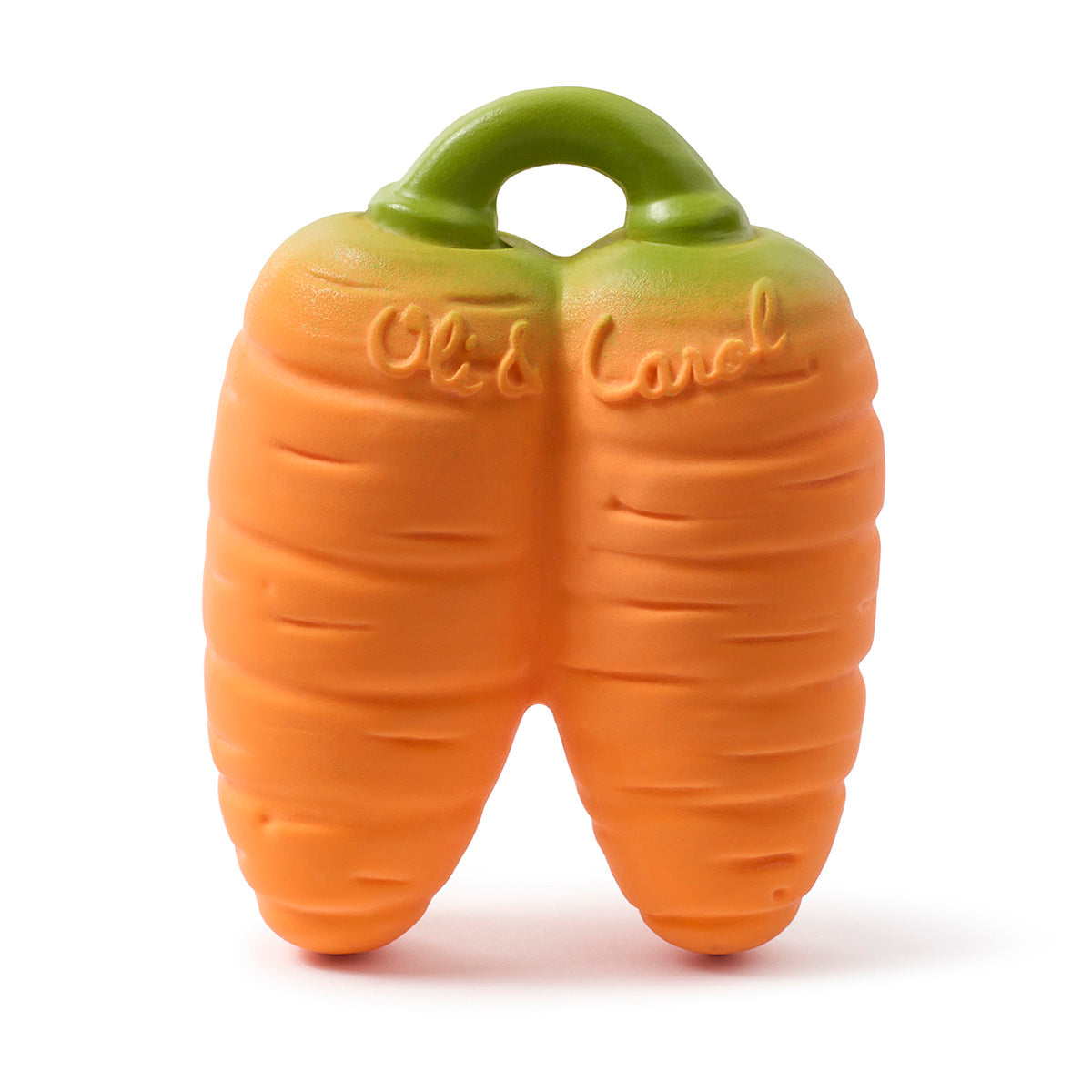 Close up of the Oli & Carol mini carrot natural rubber baby teething toy on a white background