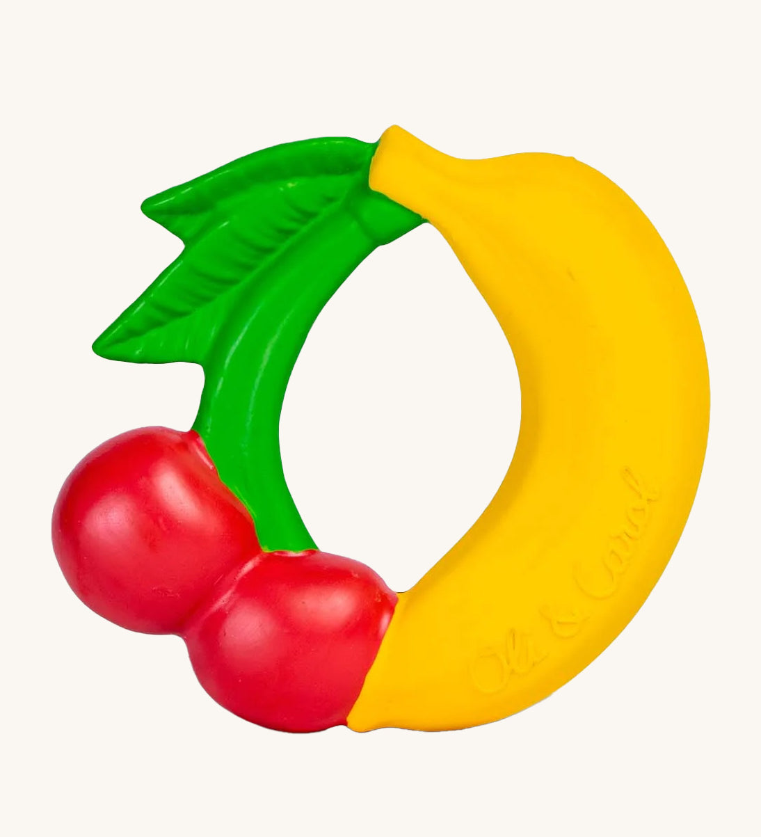 The Oli & Carol Natural Rubber Fruit Teething Ring on a plain background.