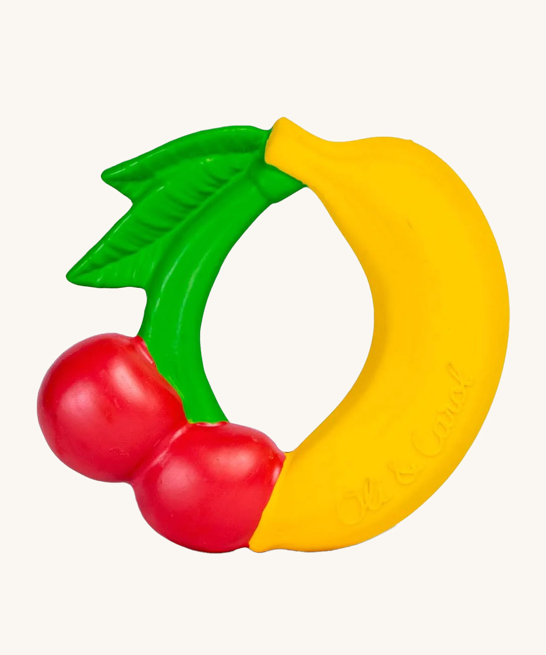 The Oli & Carol Natural Rubber Fruit Teething Ring on a plain background.