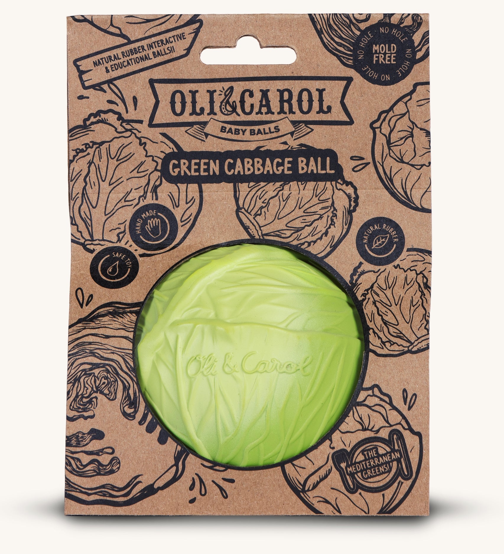 The Oli & Carol Natural Rubber Baby Ball - Green Cabbage in it's card packaging sleeve on a plain background.