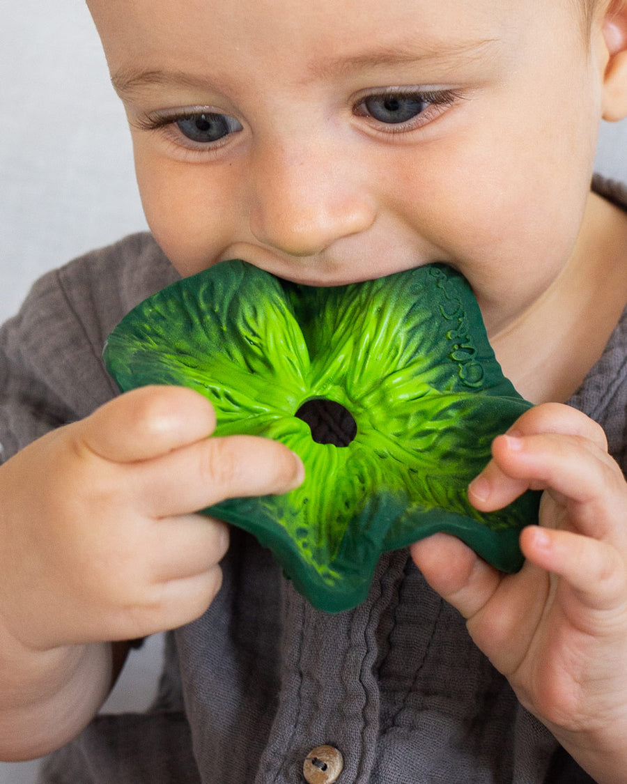 Close up of a young child with the Oli & Carol soft natural rubber kale baby teething toy in its mouth