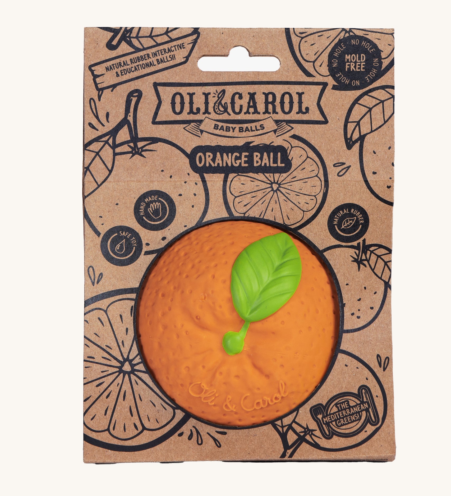 Oli & Carol Natural Rubber Baby Ball - Orange in it's card packaging sleeve on a plain background. 