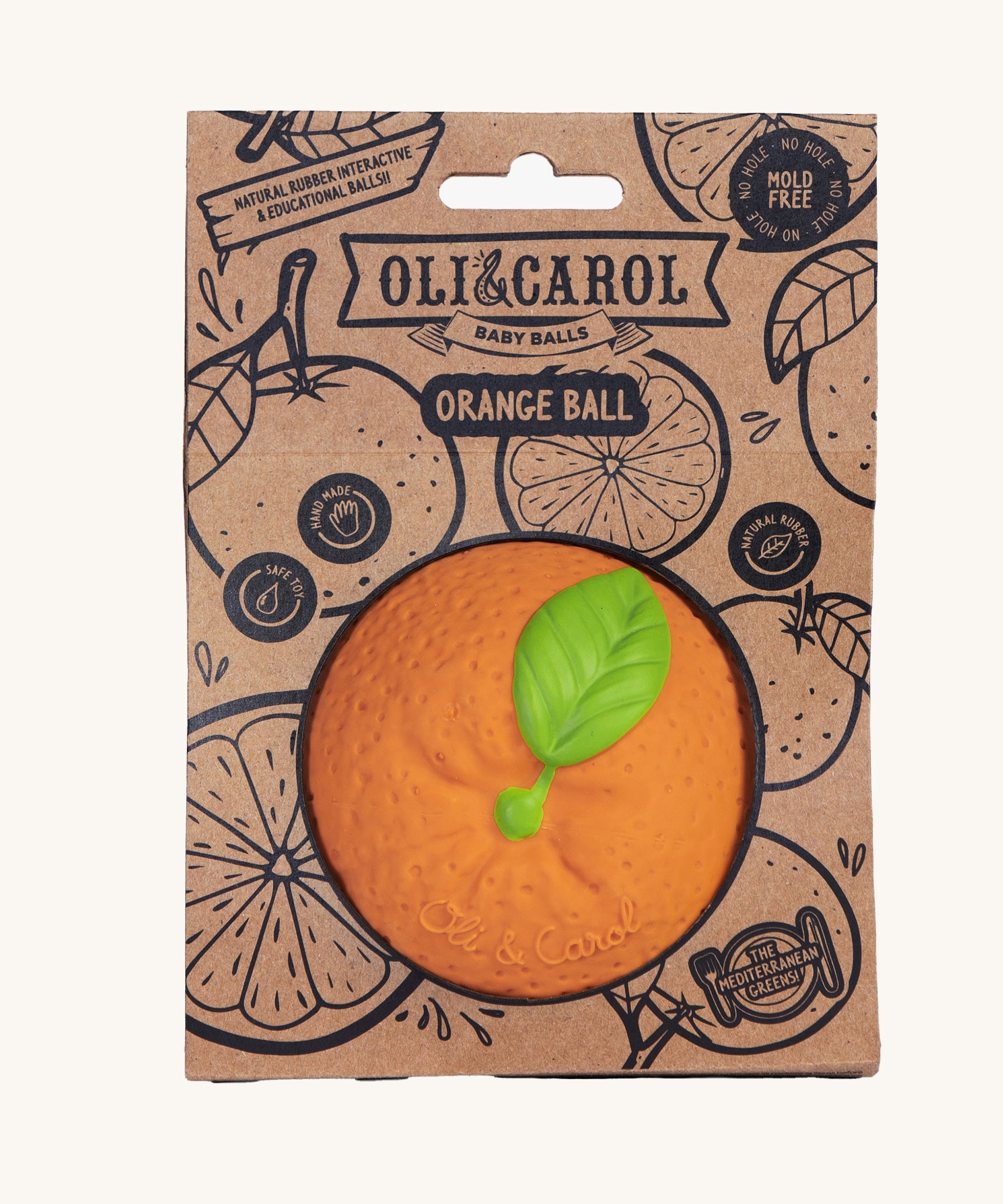 Oli & Carol Natural Rubber Baby Ball - Orange in it's card packaging sleeve on a plain background. 