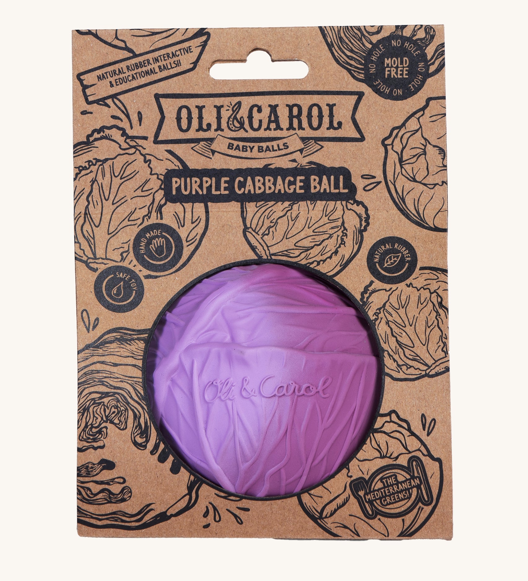 Oli & Carol 100% Natural Rubber Baby Sensory Ball - Purple Cabbage in it's card packaging sleeve. 