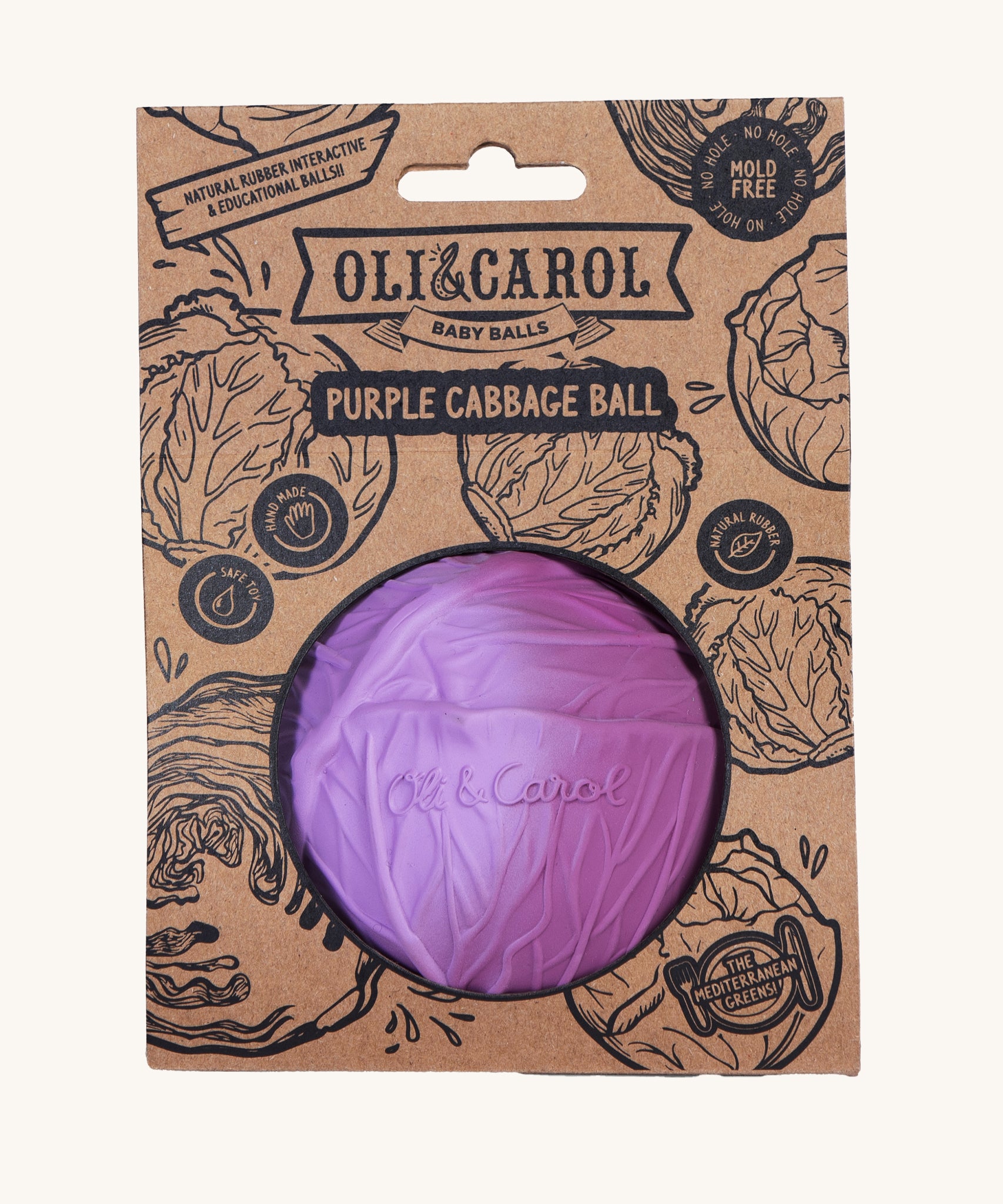 Oli & Carol 100% Natural Rubber Baby Sensory Ball - Purple Cabbage in it's card packaging sleeve. 