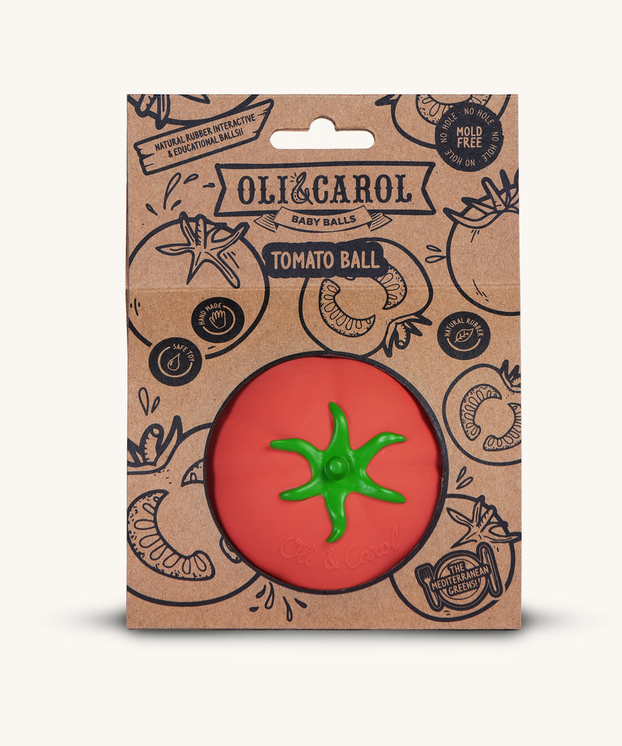 Oli & Carol 100% Natural Rubber Baby Sensory Ball - Tomato in it'd card packaging sleeve.