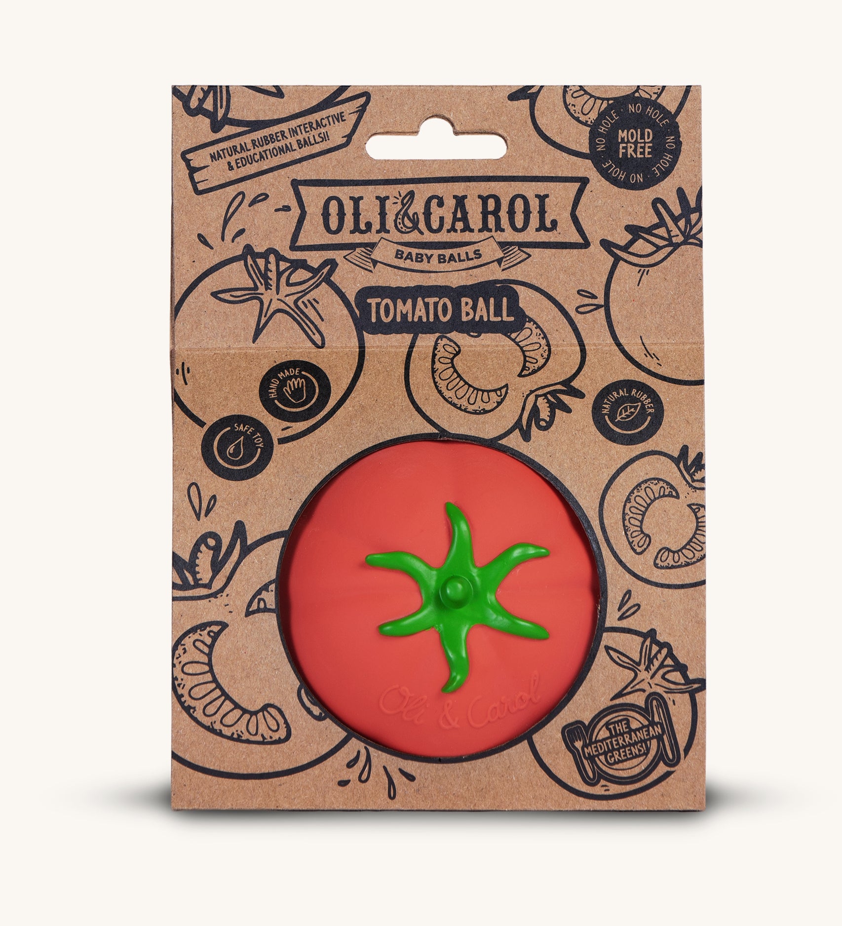 Oli & Carol 100% Natural Rubber Baby Sensory Ball - Tomato in it'd card packaging sleeve.