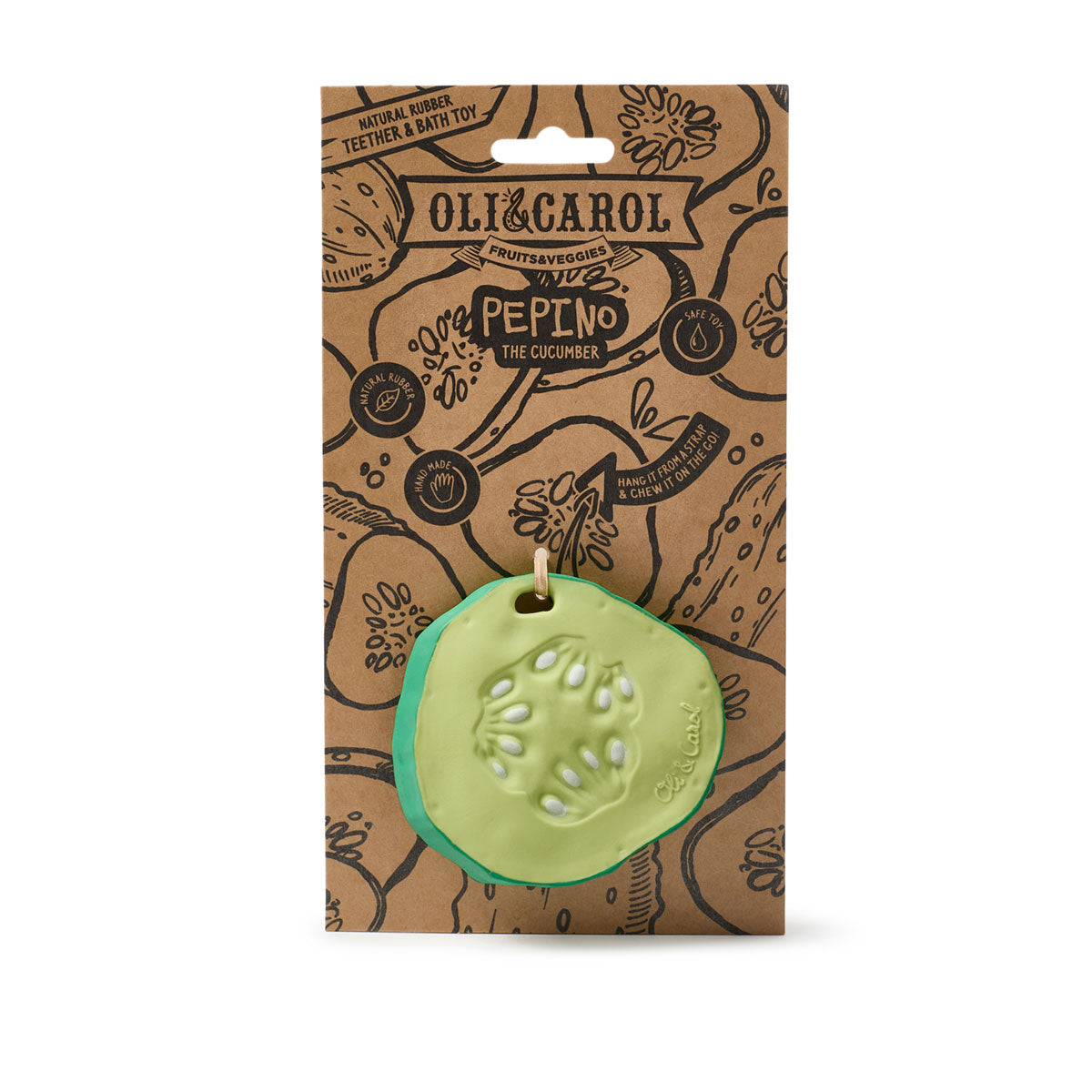 Oli & Carol Pepino The Cucumber natural rubber toy in cardboard backing  pictured on a plain white background