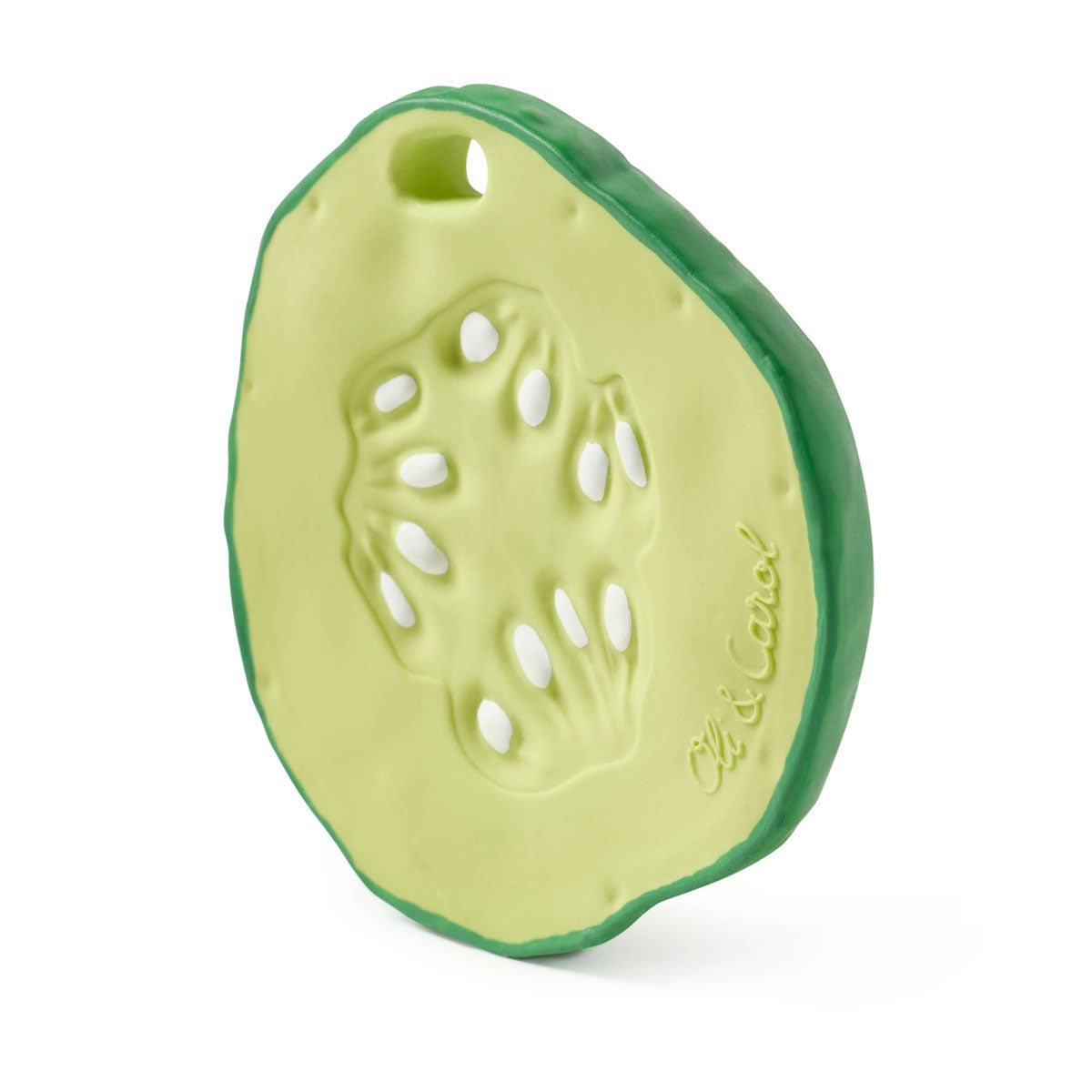 Side view of Oli & Carol Pepino The Cucumber natural rubber toy pictured on a plain white background