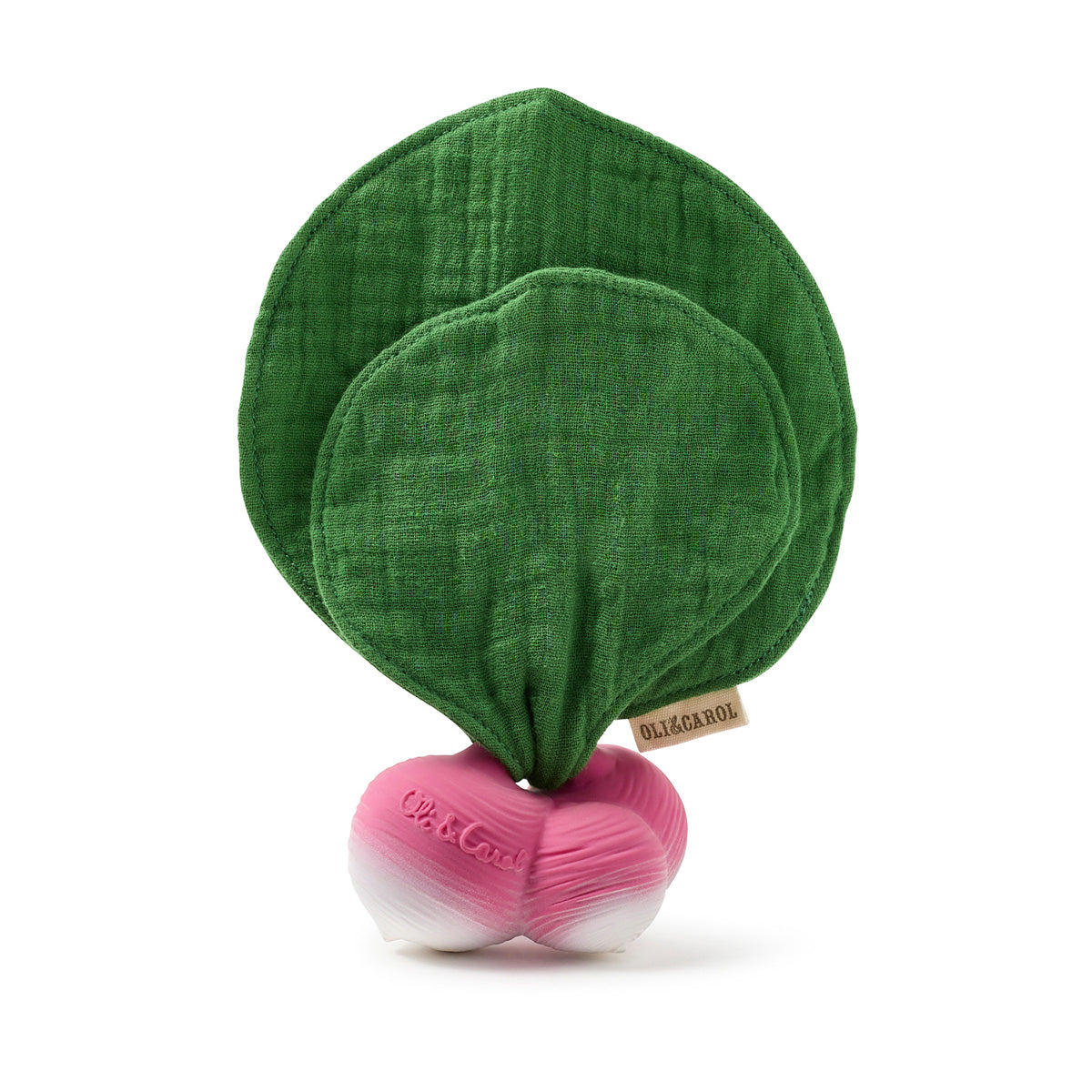 Oli & Carol mini Ramona the Radish natural rubber baby teething toy on a white background