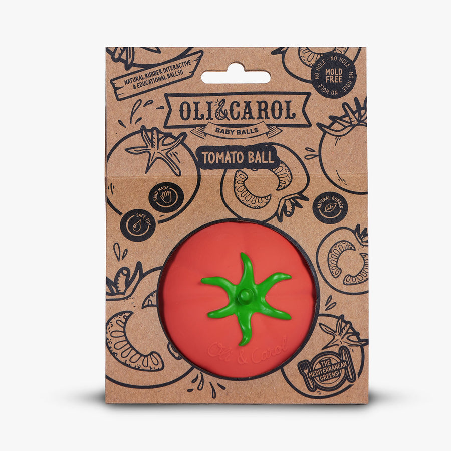 Oli & Carol 100% Natural Rubber Baby Sensory Ball - Tomato in its cardboard packaging