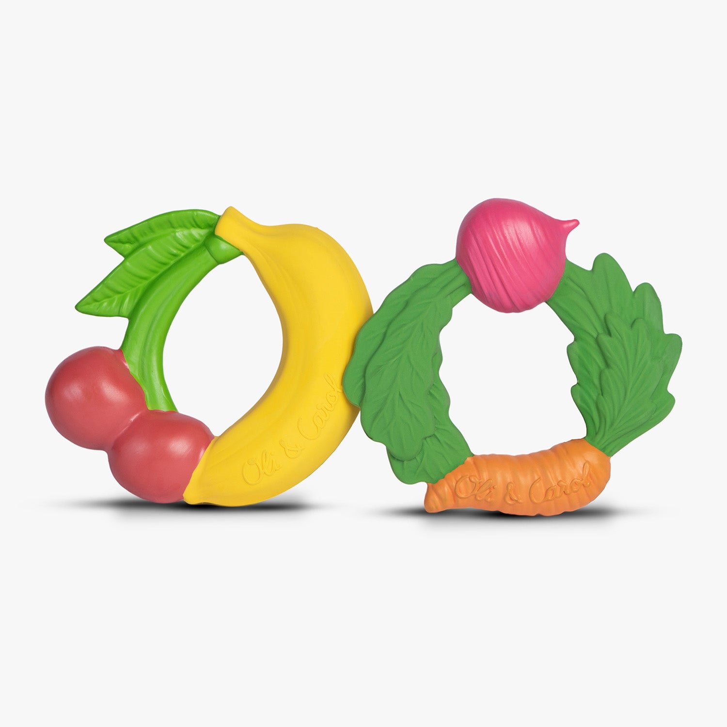 Fruit and Veggie Oli & Carol Natural Rubber Baby Teething Rings side by side.