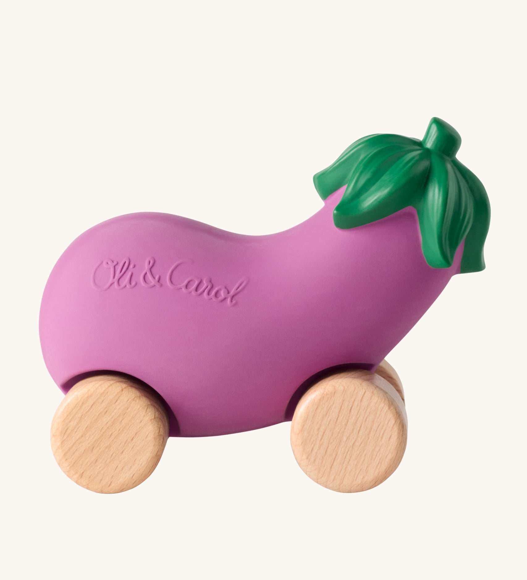 Oli & Carol 100% Natural Rubber Emma the Aubergine Car. A fun purple rubber eggplant car with a green top, and wooden wheels on a cream background