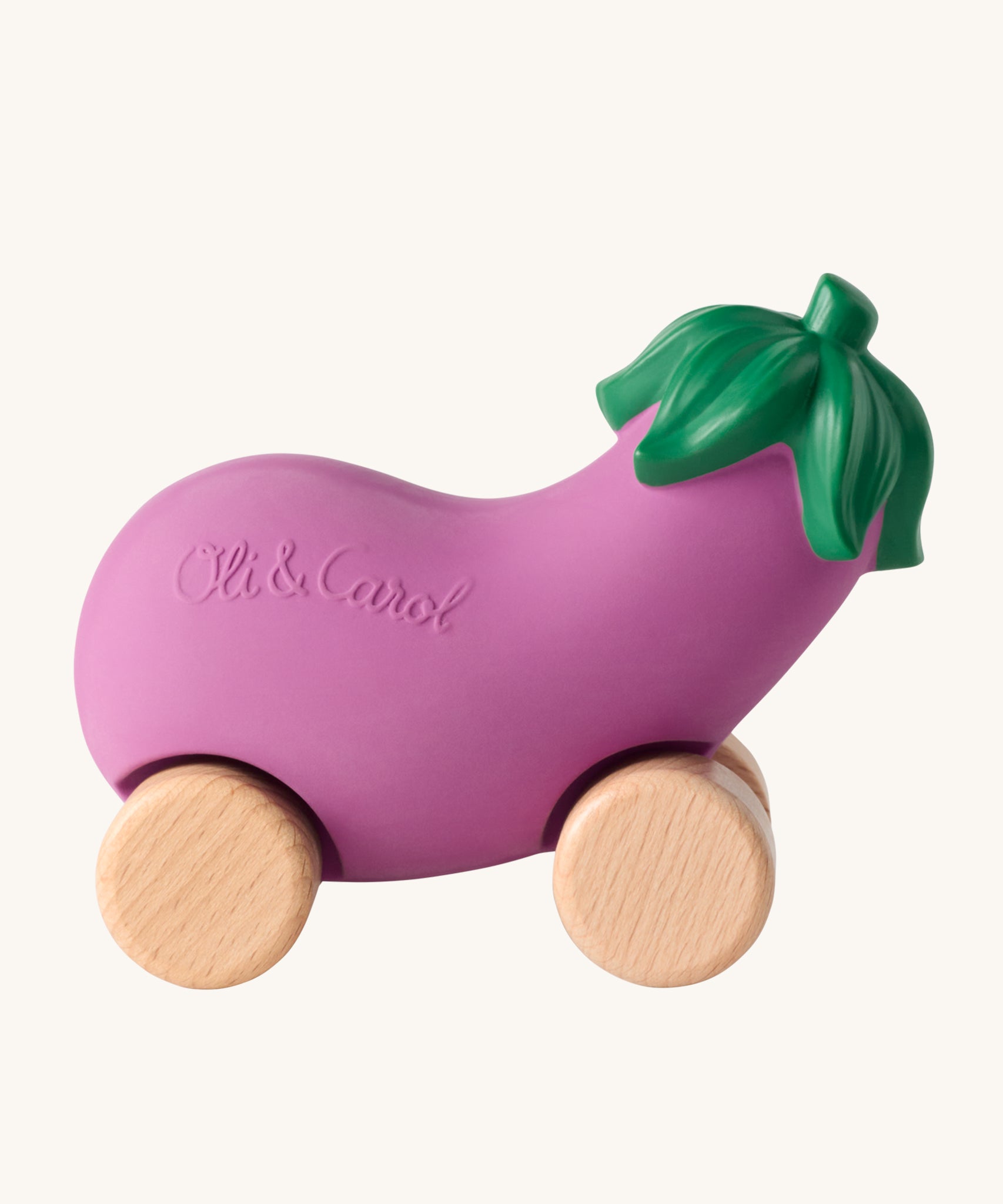 Oli & Carol 100% Natural Rubber Emma the Aubergine Car. A fun purple rubber eggplant car with a green top, and wooden wheels on a cream background