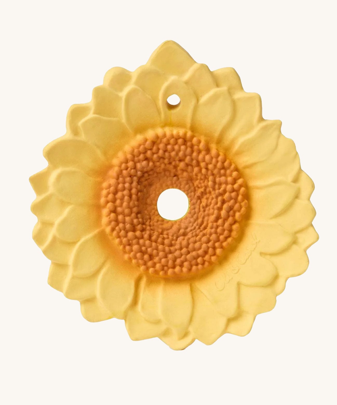 Oli & Carol yellow coloured Sun The Sunflower Baby Teether with raised textured detailing