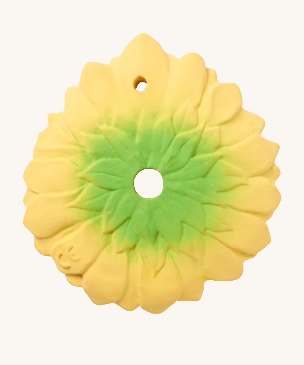 The back of the Oli & Carol Sun The Sunflower Baby Teether showing the green detail on the back of the flower