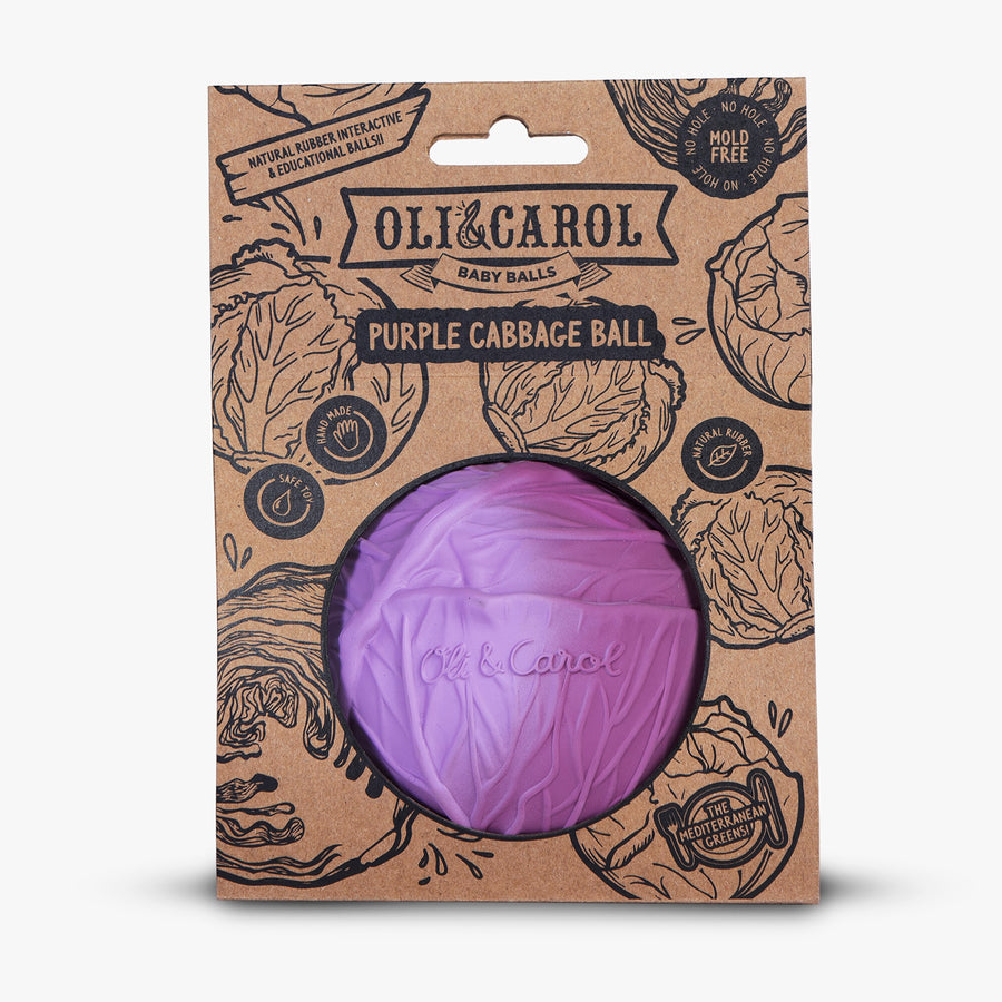 Oli & Carol 100% Natural Rubber Baby Sensory Ball - Purple Cabbage in its cardboard packaging