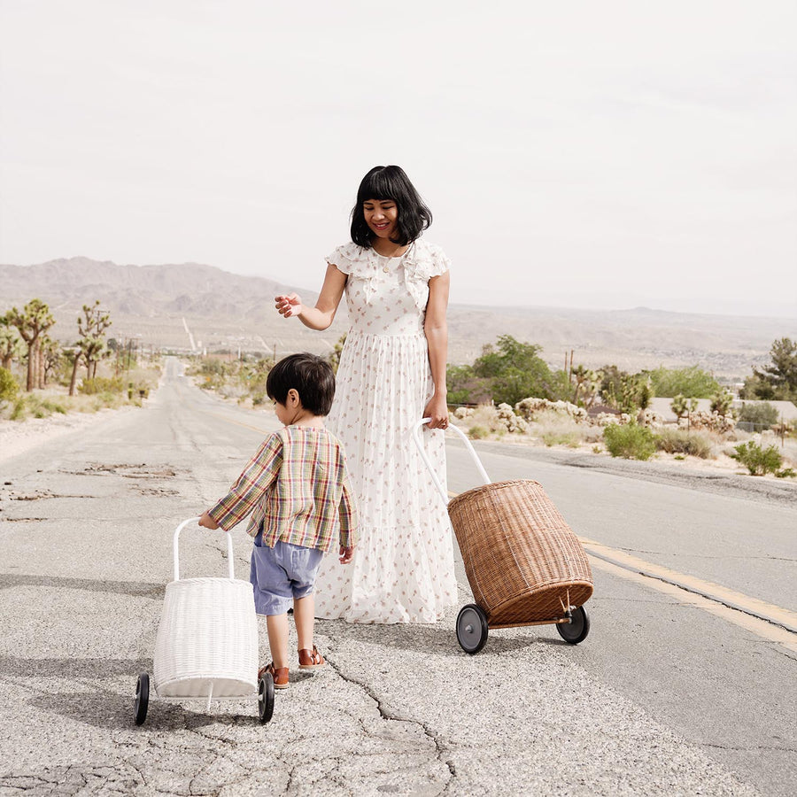 A woman and child with matching Luggy shopping carts walking down a desert road with mountains in the background