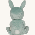 Olli Ella mint green coloured Biscuit Bunny Dinky Dinkum Doll in a seated position facing away from teh camera showing the back of the soft toy. The dinky has a round little white fluffy tail