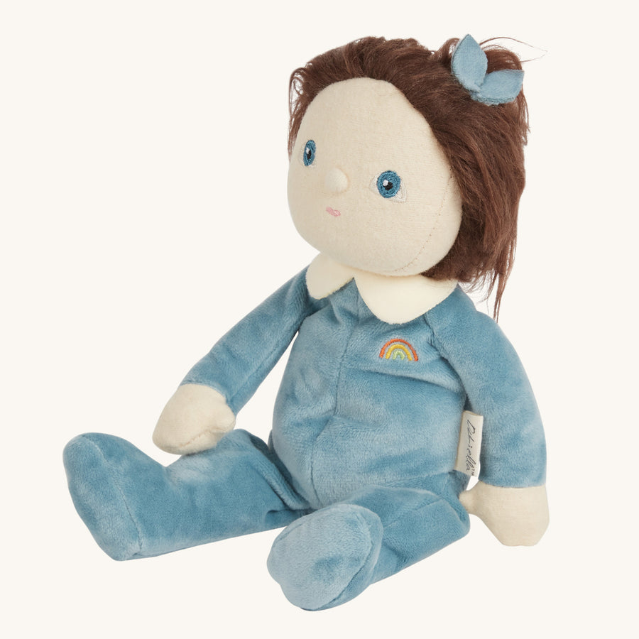 Olli ella blue dinky dinkum soft toy on a beige background