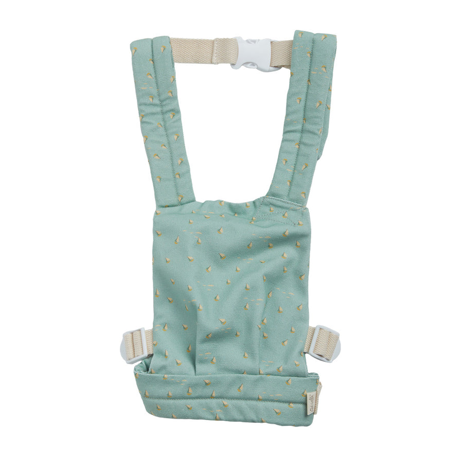 Front of the Olli Ella soft doll baby carrier toy in the boats print on a white background