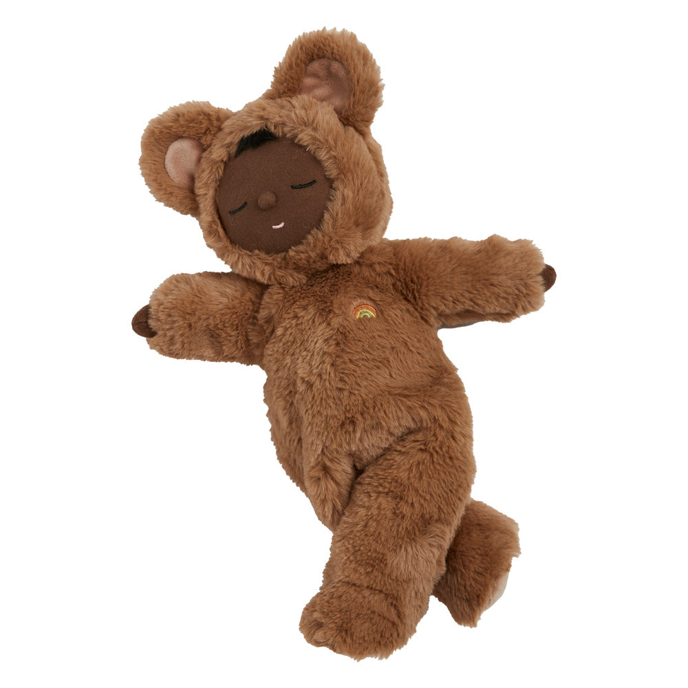 Olli Ella childrens soft cozy dozy teddy bear doll figure laying on a white background