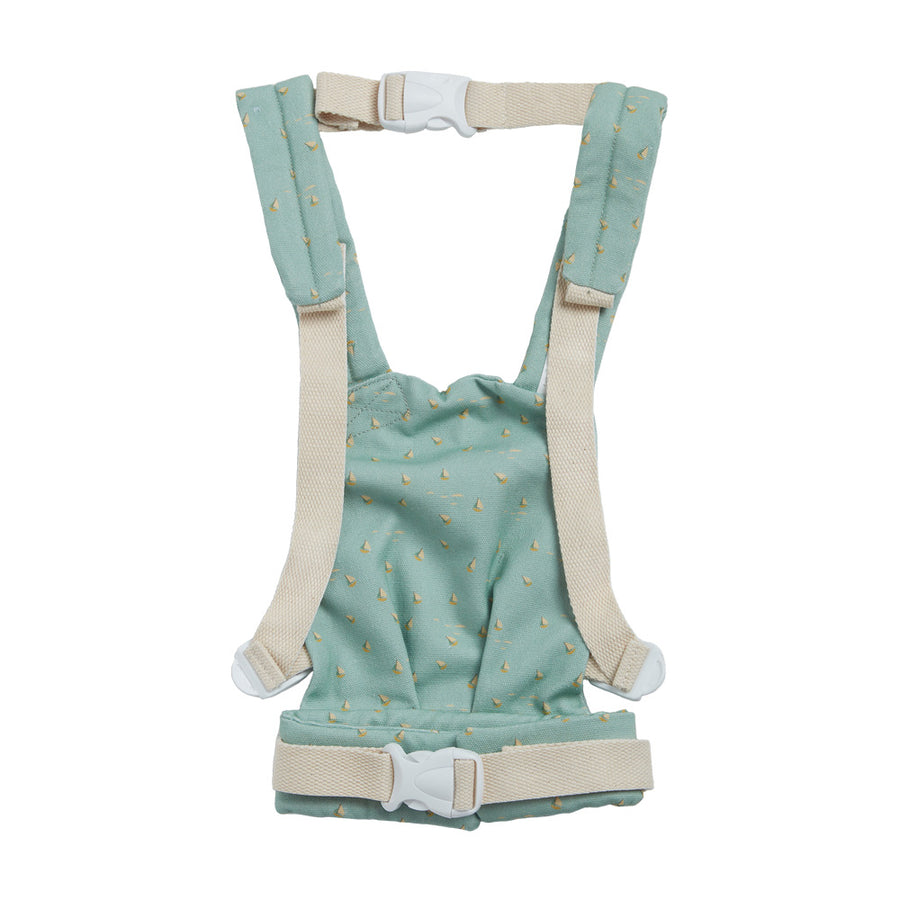 Back of the Olli Ella eco-friendly baby carrier toy in the blue boats print on a white background