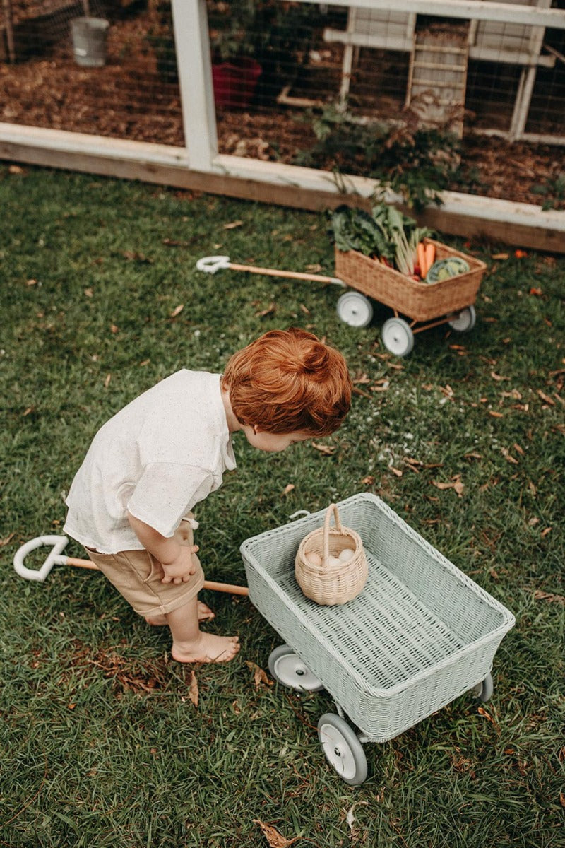 Boy hunched over collecting eggs in a basket inside the Olli Ella blue rattan wagon on some grass