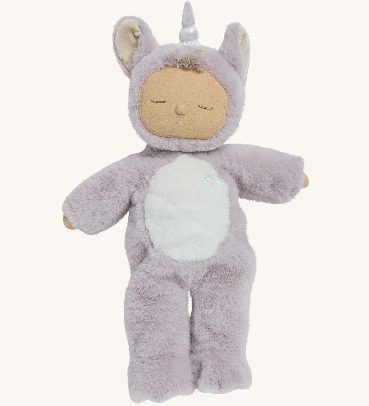 A lilac fluffy unicorn Olli Ella dozy dinkum doll on a cream background