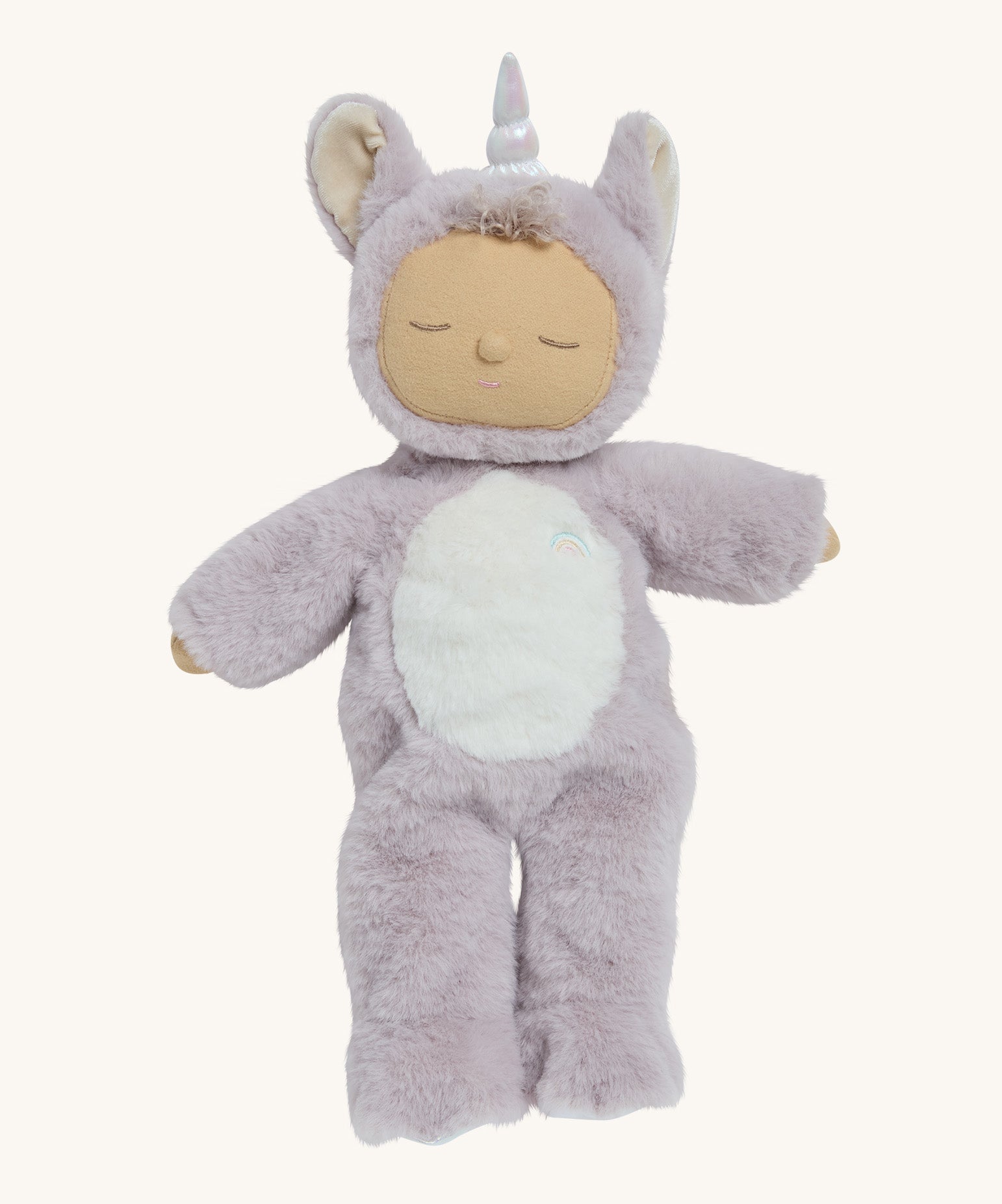 A lilac fluffy unicorn Olli Ella dozy dinkum doll on a cream background