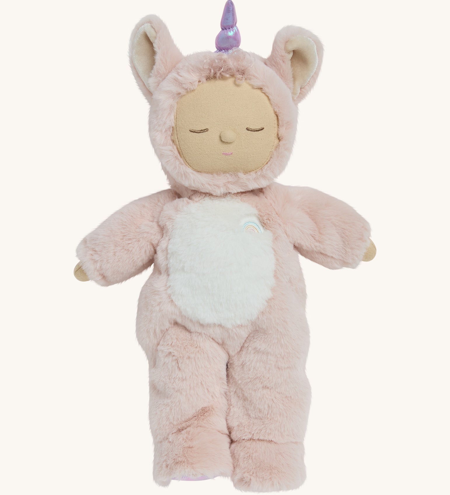 A pink fluffy unicorn Olli Ella dozy dinkum doll on a cream background