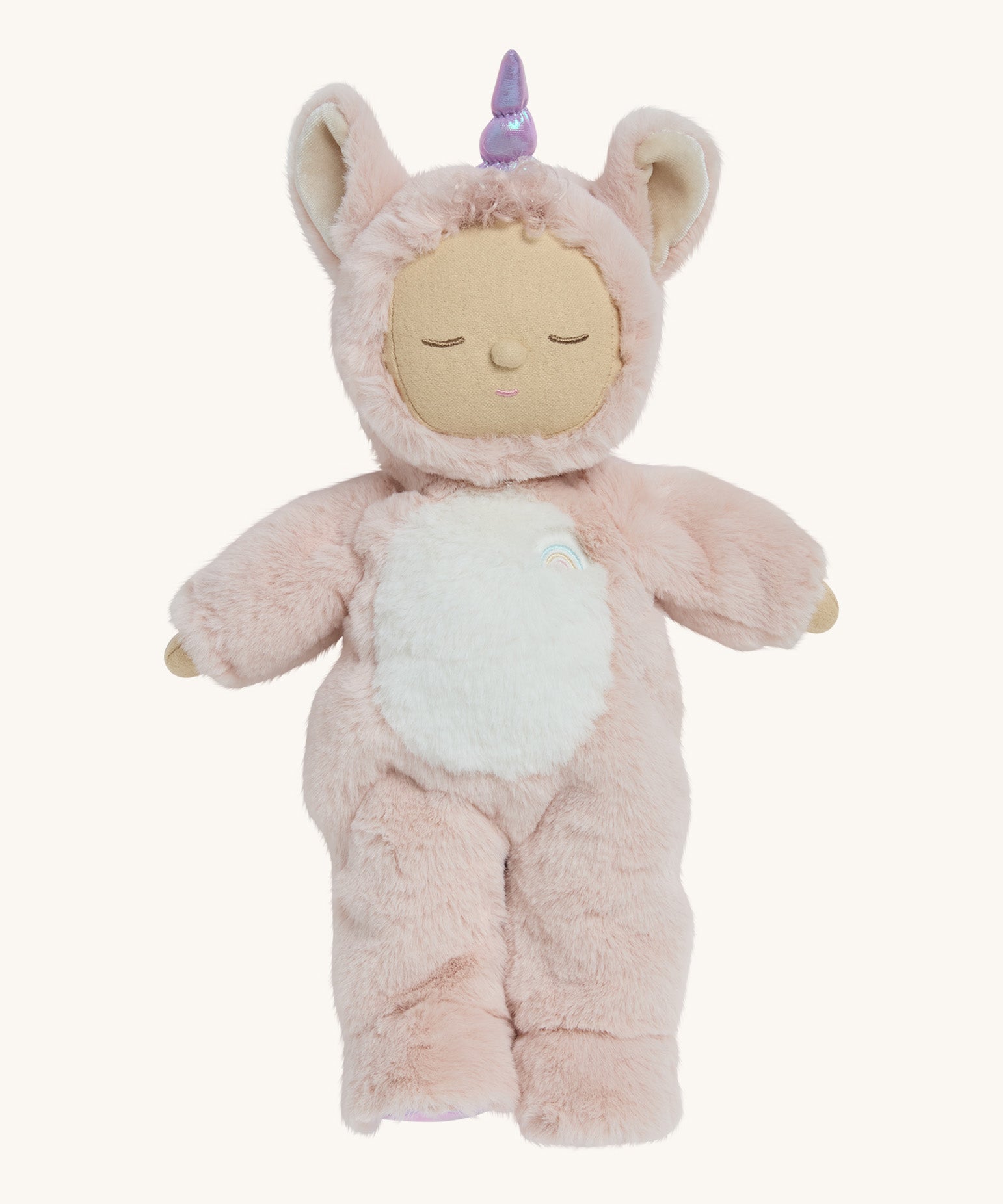 A pink fluffy unicorn Olli Ella dozy dinkum doll on a cream background