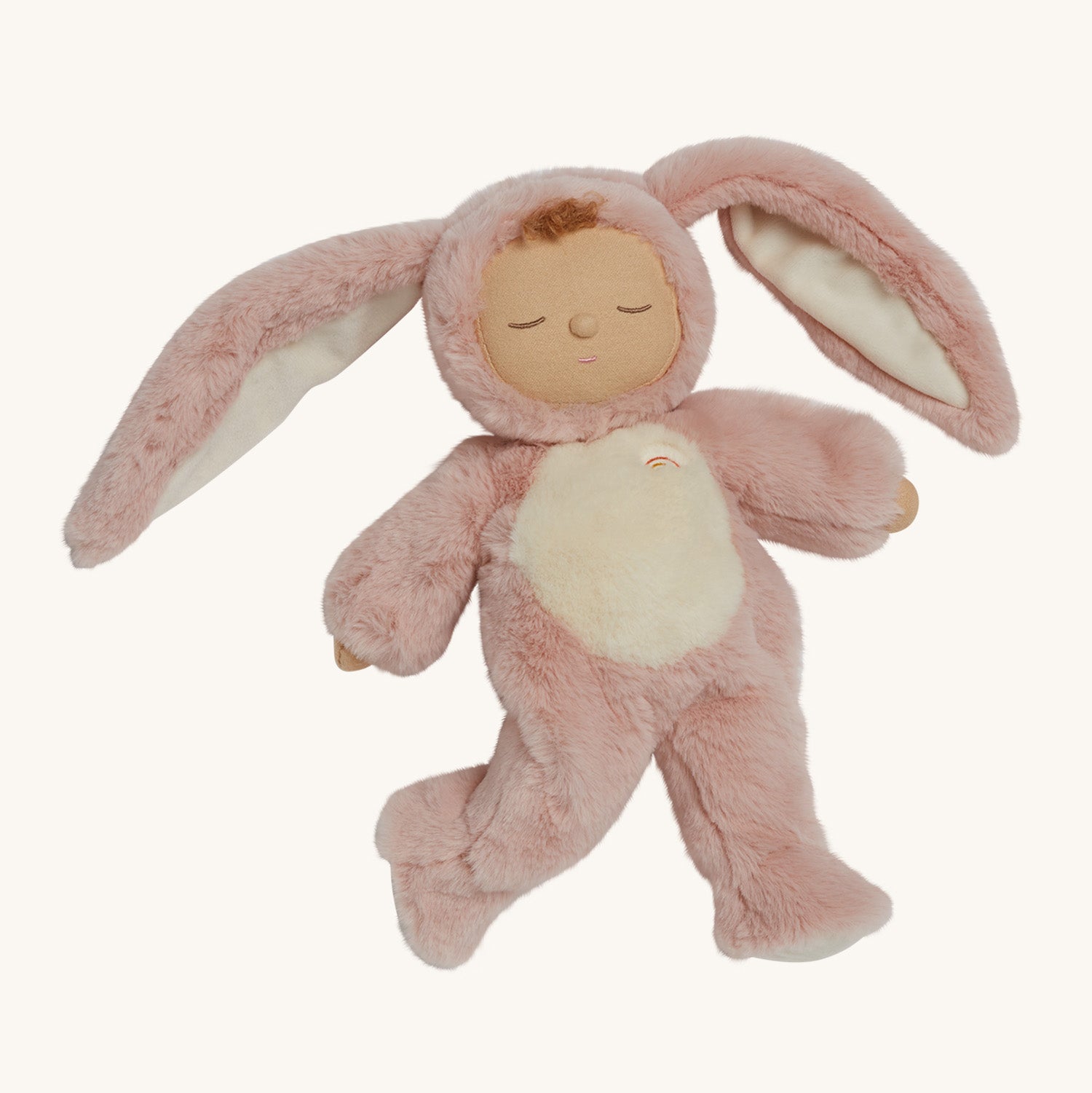 in a fluffy pink fur and a fluffy white belly none removable onesie. Bunny Flopsy has their eyes closed