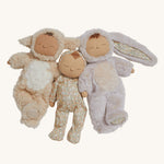 A collection of three Olle Ella dols on a plain background, Lamby Pip, Gardenia Dozy and Bunny LaLa on a plain background. 