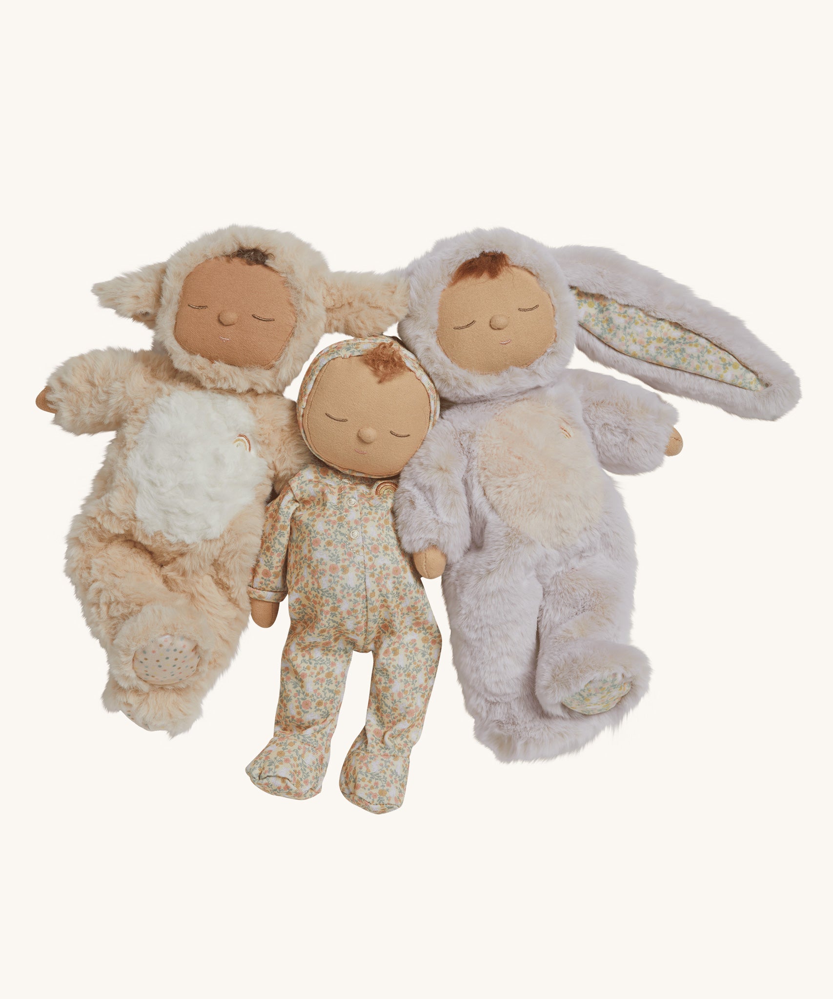 A collection of three Olle Ella dols on a plain background, Lamby Pip, Gardenia Dozy and Bunny LaLa on a plain background. 