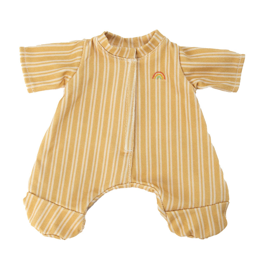 Olli Ella childrens eco-friendly doll pyjamas in the yellow stripe print on a white background