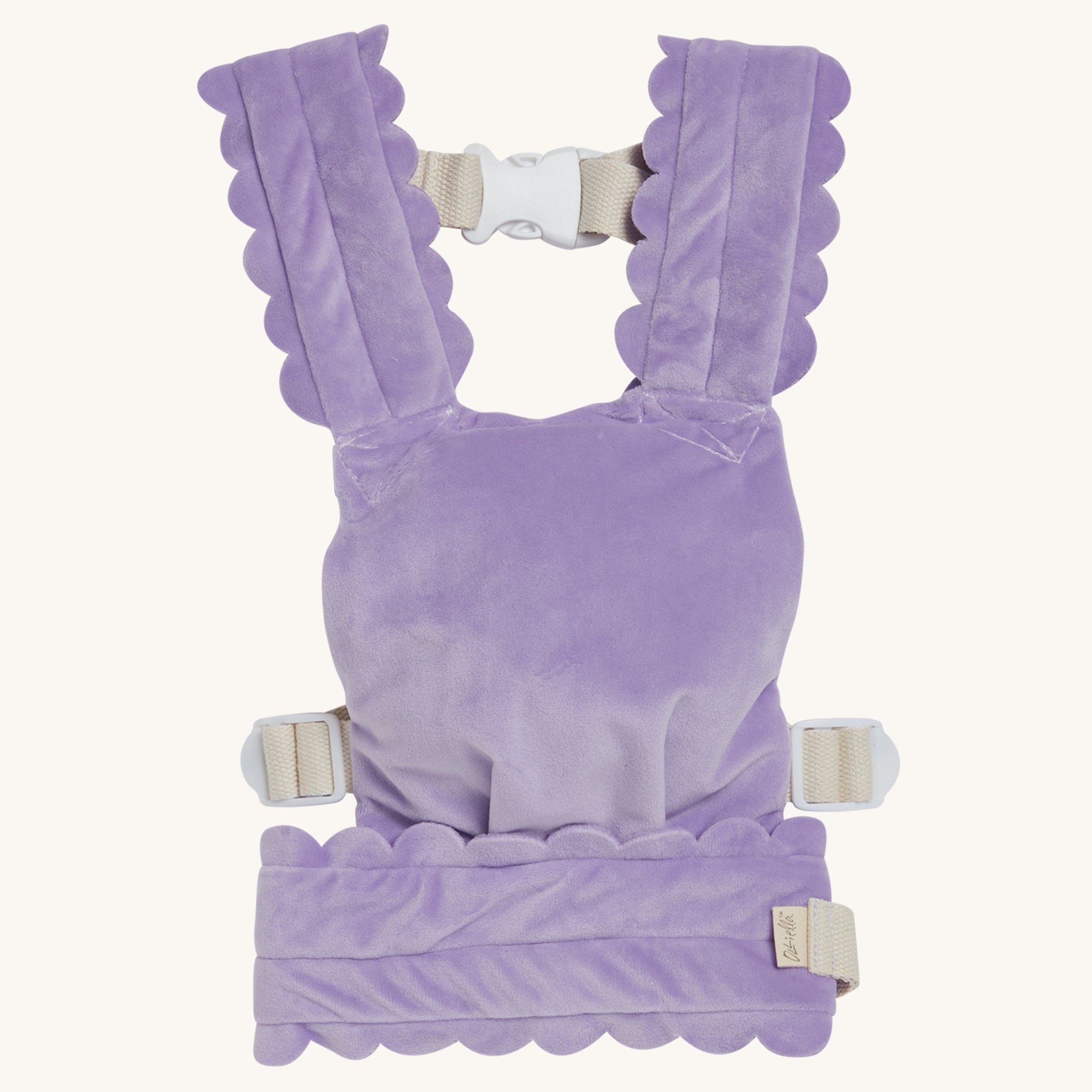 Olli Ella Dinkum Dolls Petal Carrier - Lavender. A snuggly plush velvet lavender doll carrier, on a cream background