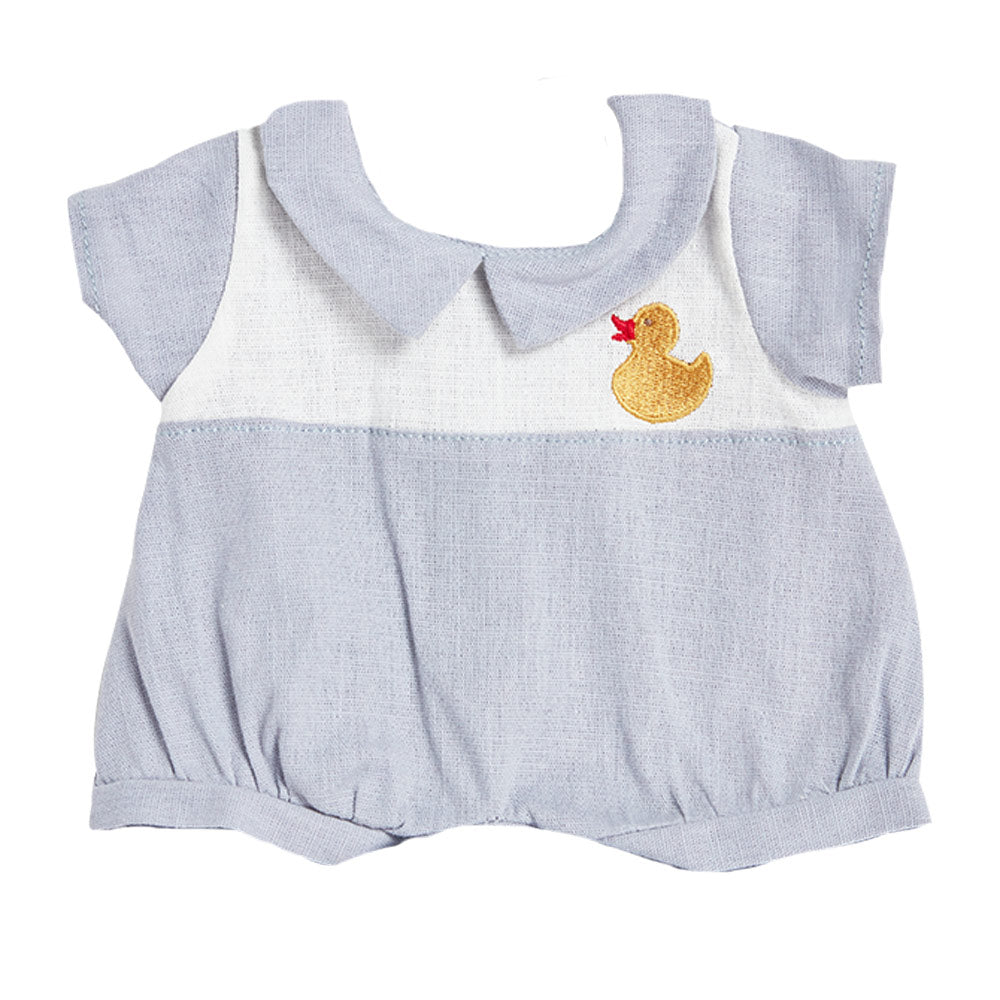 Olli Ella Dinkum Doll Ducky Romper outfit laid out on a white background