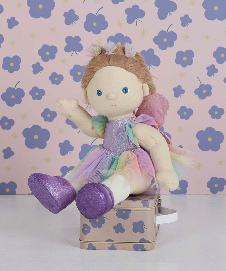 A Dinkum doll wearing the Olli Ella Dinkum Doll Pretend Pack Fairy outfit. 