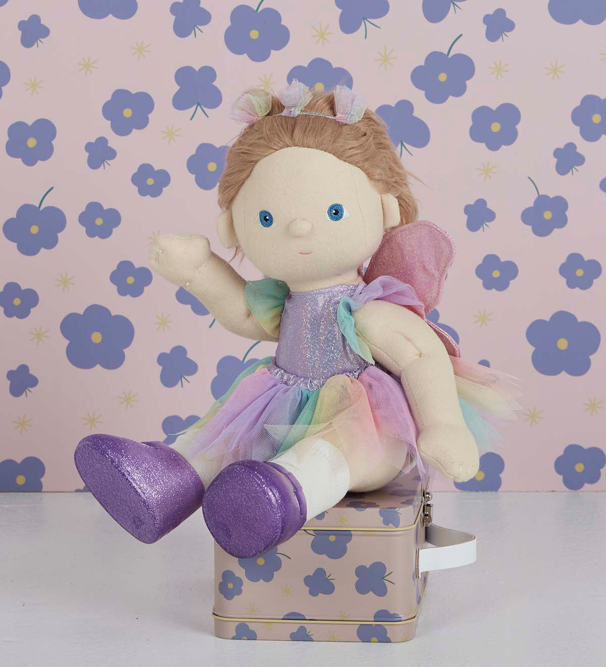 A Dinkum doll wearing the Olli Ella Dinkum Doll Pretend Pack Fairy outfit. 