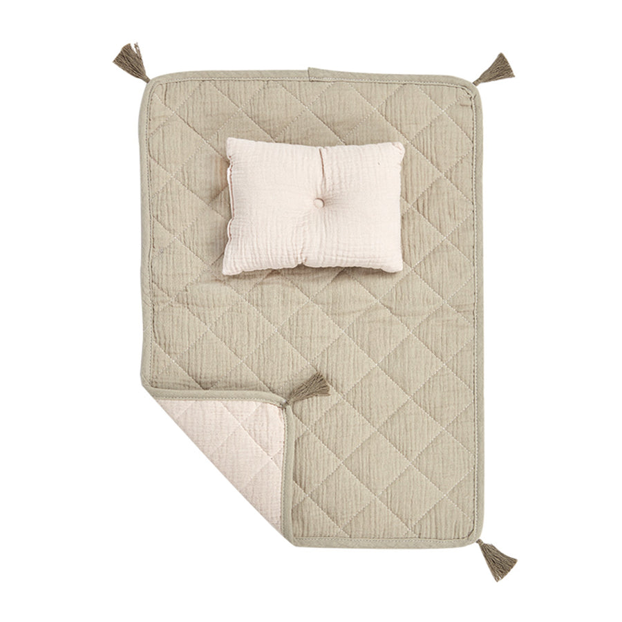 Olli ella dinkum dolls soft strolley bedding in the seafoam colour on a white background