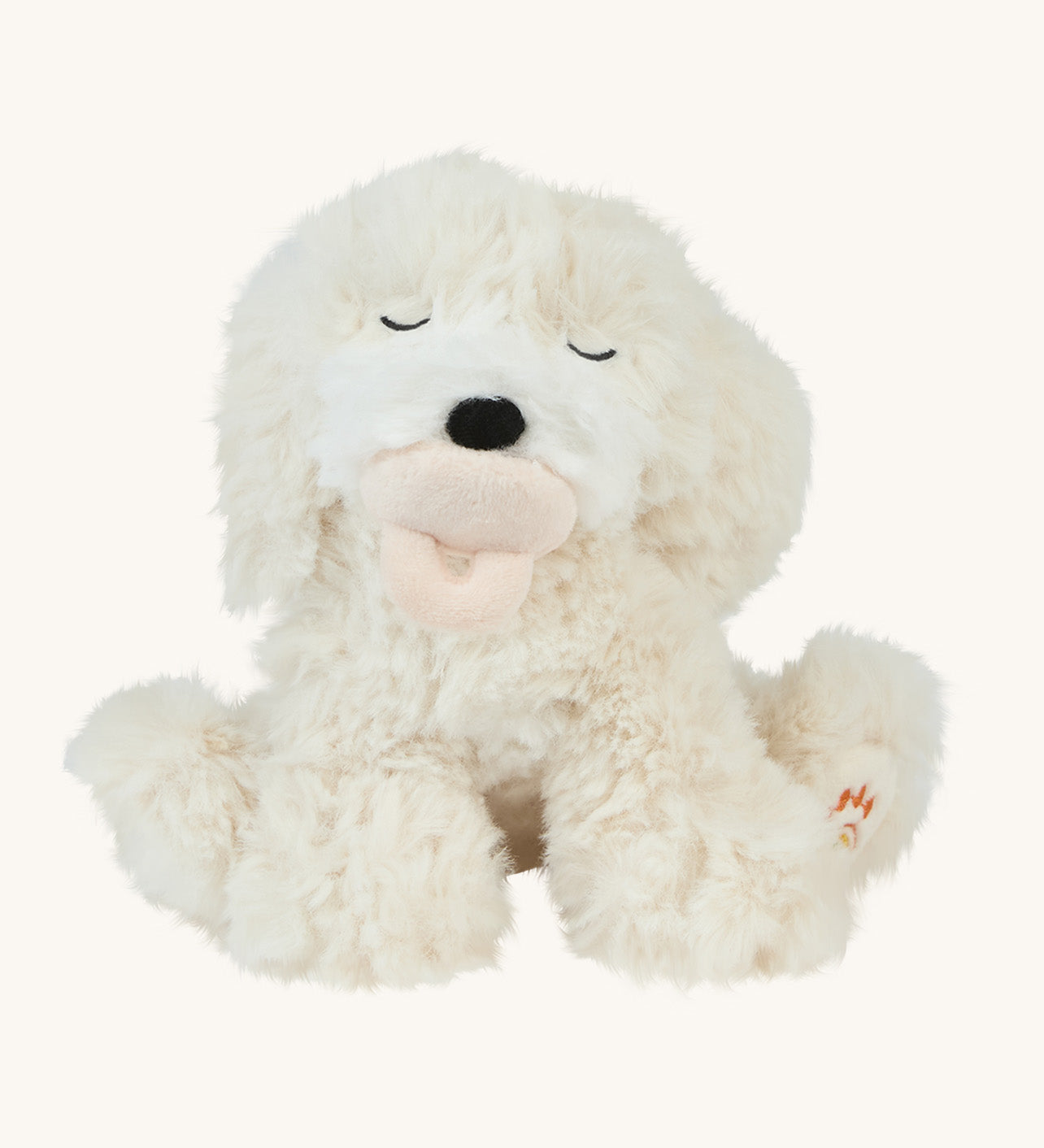 A soft white Olli Ella Belle dinkum puppy sitting down with a magnetic dog toy in its mouth on a cream background.