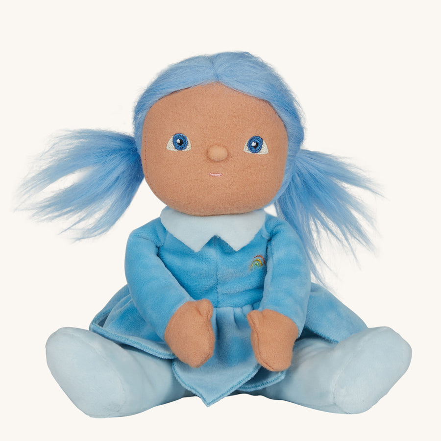 Olli Ella Dinky Dinkum Blossom Buds Doll - Iris with Blue Hair and Blue Dress on a cream background