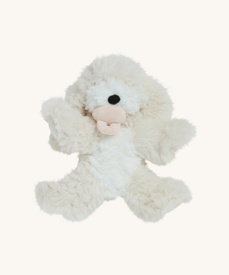 A soft white Olli Ella Belle dinkum puppy with a magnetic dog toy in its mouth on a cream background.