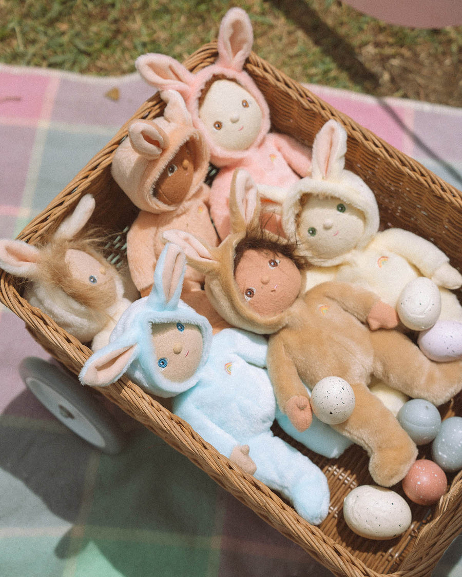 Basil and Bobbin Bunny in a gumdrop lined Luggy Basket