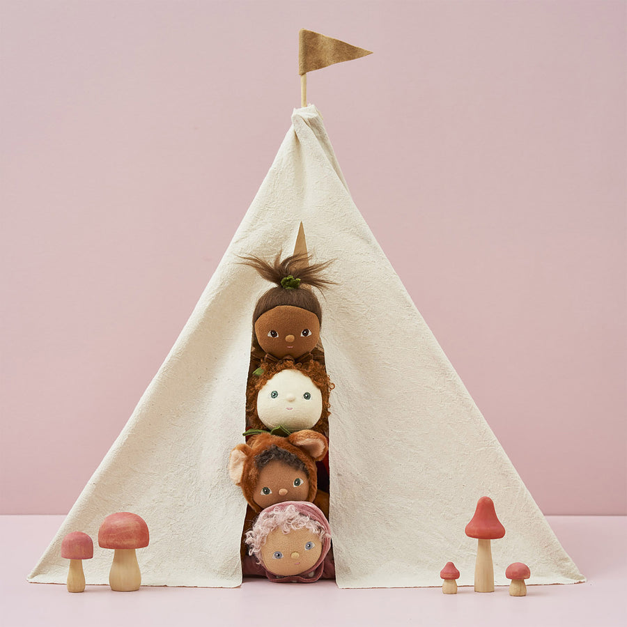 Olli Ella Dinky Dinkum Doll - Allie Acorn. The doll pokes out of a canvas tent.